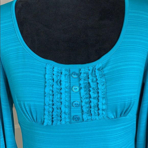 Wrapper top blue 3/4 short sleeve round neck ruffle bodice Size XL - Picture 3 of 6